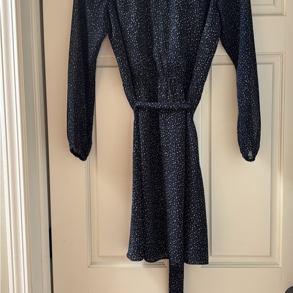 LOFT Navy Blue Polka Dot Long Sleeve Wrap Dress with Tie Front